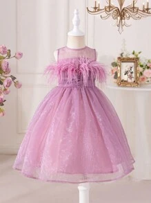 SHEIN Leap Crew Tween 女孩可爱幻彩领口无袖欧根纱连衣裙 - 粉色 - 查看 2