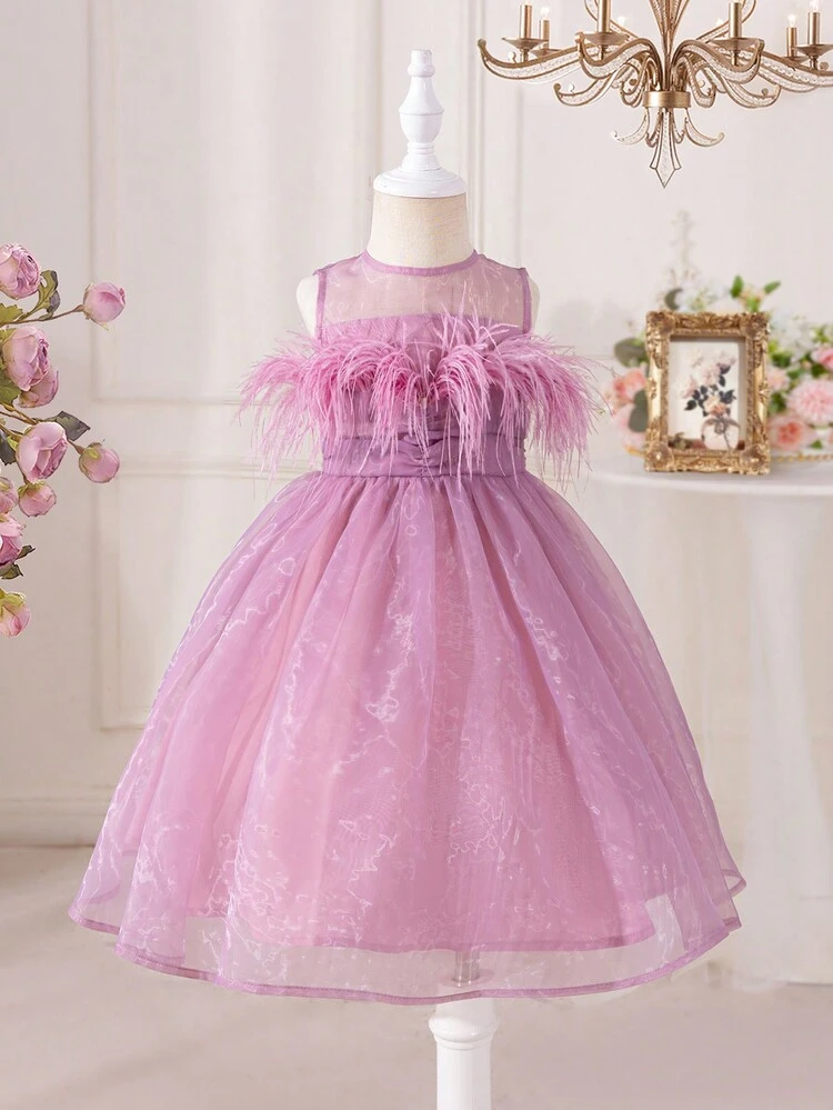 Tween Girls' Cute Illusion Neck Sleeveless Organza Dress