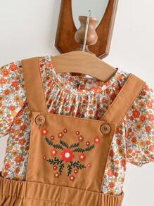 Cozy Pixies Baby Mädchen Set aus T-Shirt mit Rundhalsausschnitt, Puffärmeln und Blumenmuster und Knopfträger Shorts in mehreren Farben, lässig für den Sommer, vielseitig und passende für Zuhause, Ausflüge und Reisen