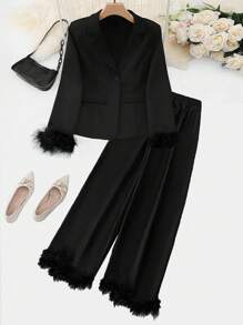 Celure Conjunto de chaqueta y pantalones de talla grande, con chaqueta de manga larga con aplicación esponjosa y abotonadura sencilla - Negro - Ver 1