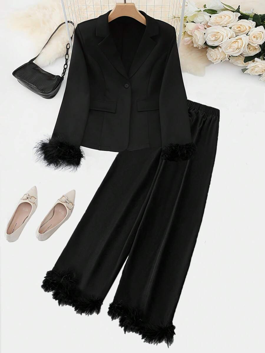 Celure Conjunto de chaqueta y pantalones de talla grande, con chaqueta de manga larga con aplicación esponjosa y abotonadura sencilla - Negro - Ver 1