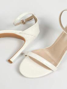 女士白色開放式高跟涼鞋，舒適圓頭鞋面踝帶細跟涼鞋