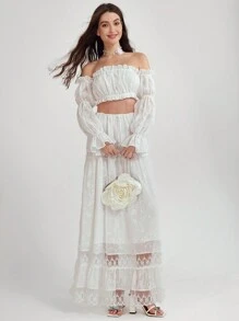 Enchnt Blusa corta de hombros descubiertos y manga acampanada con elegante bordado floral para mujer en verano - Blanco - Ver 3