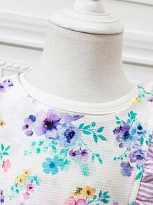 Baby Girls' Flower Print Patchwork Striped Ruffle Dress And Short Sleeve Top Set