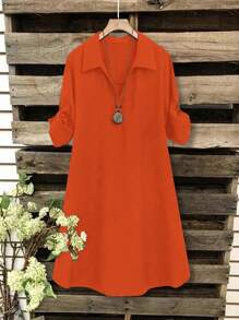 EMERY ROSE Orange Plus Size Turn-Down Collar Half Sleeve Button-Front Mid-Length Dress - Orange - View 1