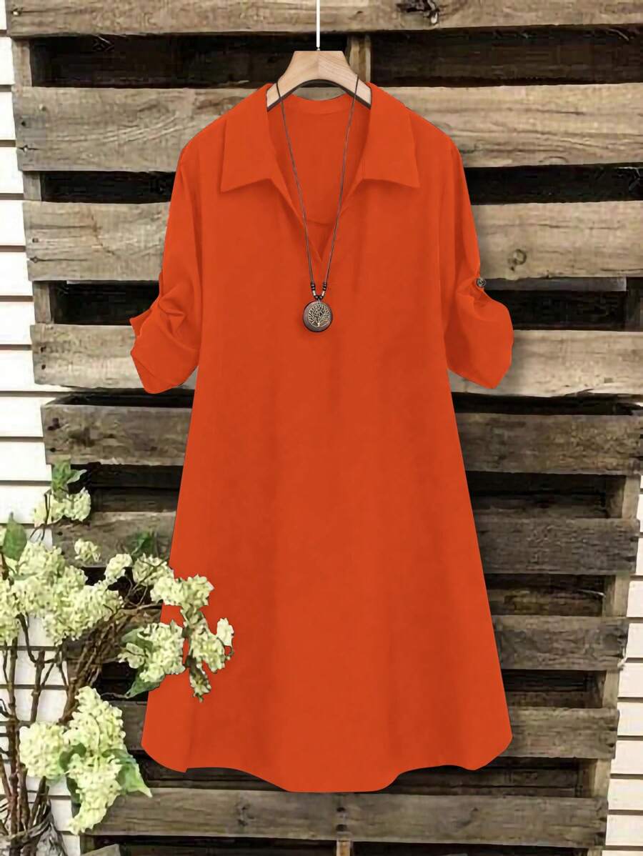 EMERY ROSE Orange Plus Size Turn-Down Collar Half Sleeve Button-Front Mid-Length Dress - Orange - View 1