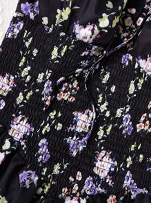 SHEIN Unity Spaghetti Strap Ditsy Floral Dress With Front Tie Knot And Waist Shirred - Black - View 4