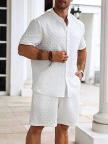 Manfinity Homme Bộ áo sơ mi ngắn tay và quần đùi màu trơn thường ngày mùa hè dành cho nam cỡ lớn - trắng - Xem 6