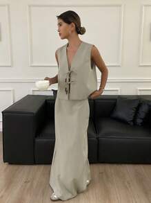 DAZY 女士夏季纯色背心和裙子套装（带腰带）、女士两件套、返校服 - 卡其色 - 查看 4