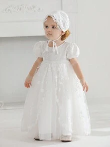 Baby Girl Short Puff Sleeve Long Baptism Dress, White Wedding Party Flower Girl Dress