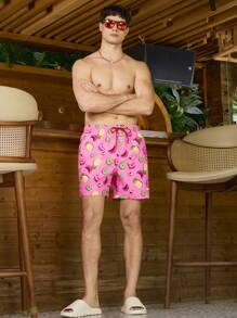 Surfspeed Men's Summer Fruit Printed Drawstring Waist Beach Shorts - Pink - View 6