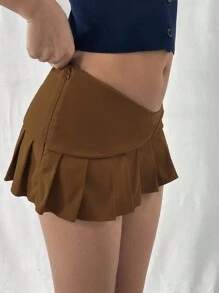 SHEIN Unity Summer Solid Color Asymmetrical Low Waist Mini Skirt With Ruffles - Brown - View 3