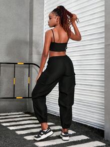 少女休閒街頭風格卡通印花鬆緊上衣和吊帶裝載褲2件套裝 - 黑色 - 查看 2