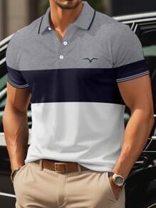 Manfinity Homme 男士大尺碼拼色短袖 Polo 衫，休閒外出穿著，休閒正式款 - 彩色 - 查看 1