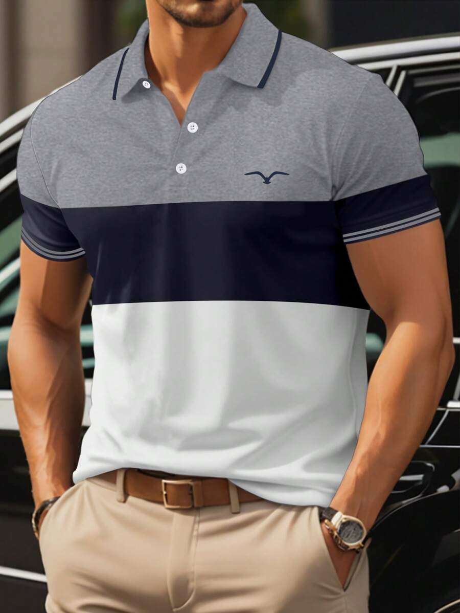 Manfinity Homme 男士大尺碼拼色短袖 Polo 衫,休閒外出穿著,休閒正式款 - 彩色 - 查看 1