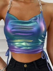 SHEIN EZwear Women's Chain-Decorated Backless Sleeveless Top For Summer - Blue - View 3