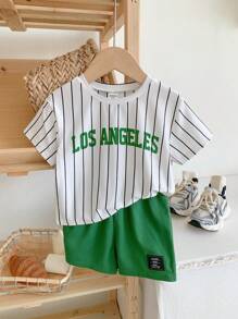 Baby Boy/Girl Summer Letter Print Striped Short Sleeve Top & Elastic Waist Shorts Set, Suitable For Daily Wear, Going To School, Traveling, And Sports In Spring/Summer