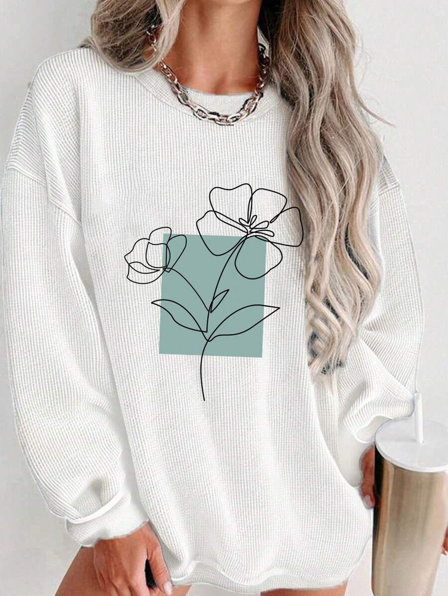 SHEIN Essnce Áo nỉ nữ dài tay cổ tròn họa tiết đơn giản, thích hợp cho mùa Thu/Đông - trắng - Xem 1