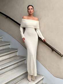 EURMUSE Off-Shoulder Collar Knitted Sweater Dress - Apricot - View 2