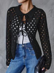 SHEIN Essnce Suéter de punto casual de mujer con cordones, lazo y manga larga transparente, chaqueta delgada de manga larga con cuello y lazo, calada - Negro - Ver 3