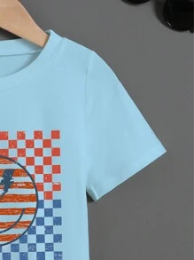 Young Boys' Round Neck Grid Printed Short Sleeve T-Shirt For Summer - Blue - View 3