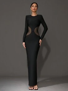 Modphy 新款时尚黑色性感水晶腰网眼拼接长款绷带连衣裙，女士正式派对晚礼服，适合开斋节、婚礼宾客 - 黑色 - 查看 1