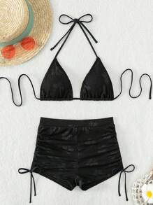 Swim Mod Summer Beach Halter Triangle Bikini Set - Black - View 4
