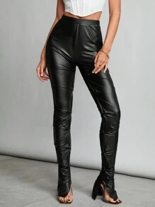 SHEIN Tall Quần legging da PU co giãn màu đen lưng cao xếp nếp để đi tiệc và đi club - màu đen - Xem 7