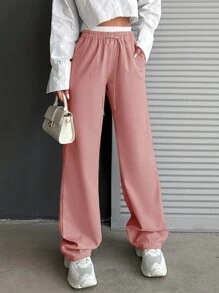 EURMUSE Women's Solid Color Simple Daily Casual Pants - Berwarna merah muda - View 5