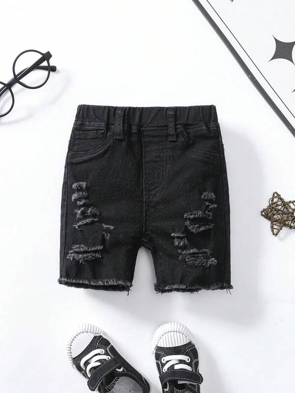 SHEIN Short en jean déchiré décontracté, doux, mignon avec des bords irréguliers effilochés pour bébé garçon, pour l'été