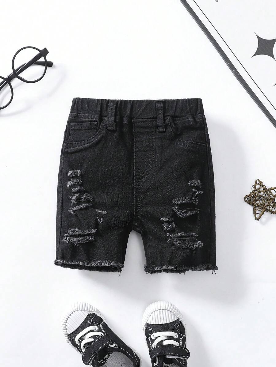 SHEIN Pantalones cortos informales de mezclilla desgarrados y con bordes ásperos para bebé, suaves y lindos, para el verano - Negro - Ver 1
