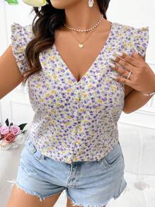 Calvaya Plus Size V-Neck Flutter Sleeve French Style Floral Shirt - Mauve Purple - View 5