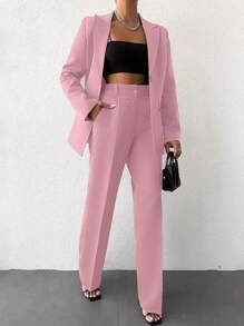 EURMUSE Women's Casual Solid Color Suit Set Including Jacket And Pants - Baby Pink - View 3