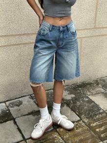 SHEIN EZwear Pantalones cortos vaqueros casuales simples y lisos para damas - Azul - Ver 4