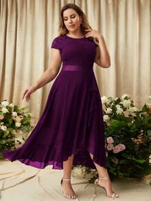 MIUSOL Plus Contrast Floral Lace Chiffon Ruffle Trim Wrap Hem Formal Dress Elegant Bridesmaid Dress - Maroon - View 3