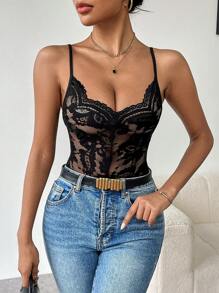 SHEIN Privé 女士時尚純色透明性感蕾絲連體衣 - 黑色 - 查看 5