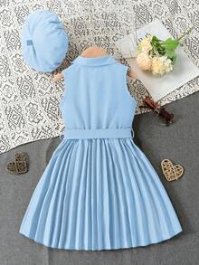 SHEIN Vestido elegante con cuello de camisa y línea A de unicolor sin mangas para niñas jóvenes con cinturón de cintura plisado y boina, adecuado para fiestas y vacaciones, verano - Azul - Ver 2