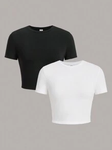 SHEIN Girlism Juego casual de camiseta de manga corta en blanco y negro para chica adolescente - Blanco y Negro - Ver 1