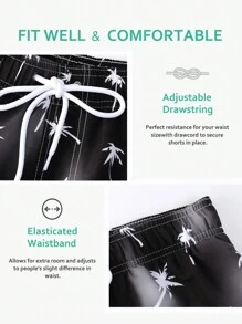 Surfspeed Shorts de playa holgados para hombres con diseño estampado de palmeras y cintura elástica con cordón para vacaciones - Negro - Ver 3