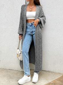 EURMUSE Cable Pattern Long Thick Cardigan - Grey - View 5