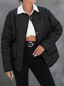 EURMUSE Manteau matelassé pour femme à double poche avant boutonnée - Noir - Voir 5