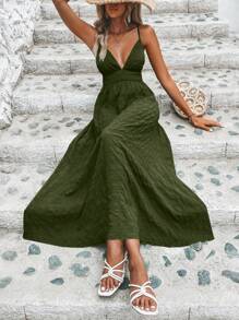 Breezaya Đầm Maxi đơn sắc tối giản hàng ngày cho nữ, trang phục đi biển nghỉ dưỡng - Màu xanh Ô liu - Xem 5