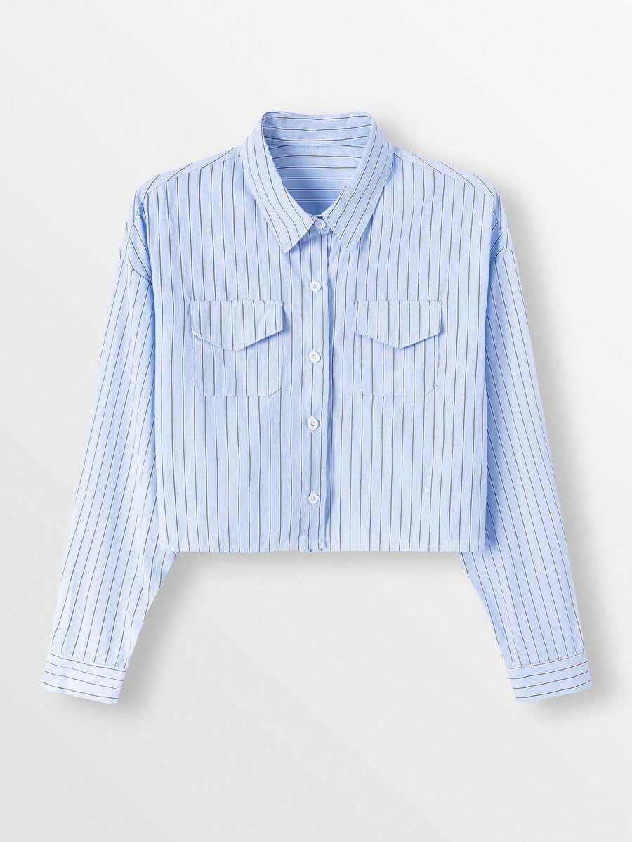 SHEIN Unity 女性簡約日常藍色條紋休閒襯衫 - 淺藍色 - 查看 1