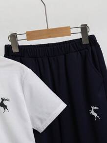 SHEIN 青少年男孩拼色休閒有領短袖POLO衫和慢跑褲套裝 - 藍色 - 查看 4