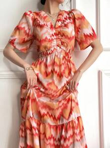 Seusyu Vestido largo informal de verano con técnica de teñido anudado y cintura fruncida - Rojo - Ver 2