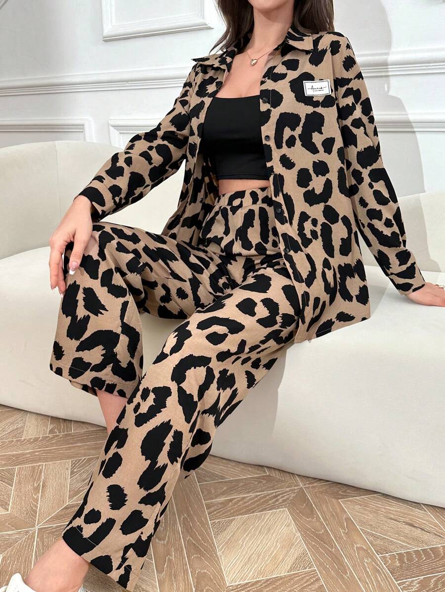 Seusyu Conjunto de 2 piezas estampado de leopardo, sencillo y diario, para mujer - Marrón - Ver 1