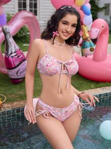 SHEIN Swim Women's Floral Print Front Tie Sexy Bikini Set For Vacation (Random Print), Underwire Design, Not Push Up Summer - Multicolor - View 6