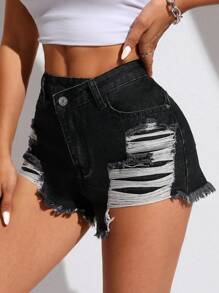 SHEIN PETITE Women's Asymmetrical Frayed Edge Fashion Denim Shorts, Summer