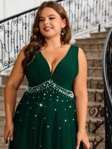 Cravure Plus Size Women's Simple Solid Color Sleeveless Mesh Decor Daily Wear Dress, For Christmas Maxi Women Outfit Wedding