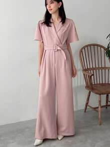 FRIFUL Women Solid Color Lapel Short Sleeve Casual Shirt With Wide Leg Jumpsuit For Summer - Pink - View 10